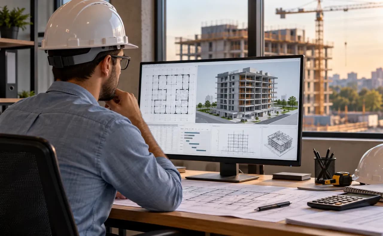 Engenheiro analisando projeto de edifício no computador.
