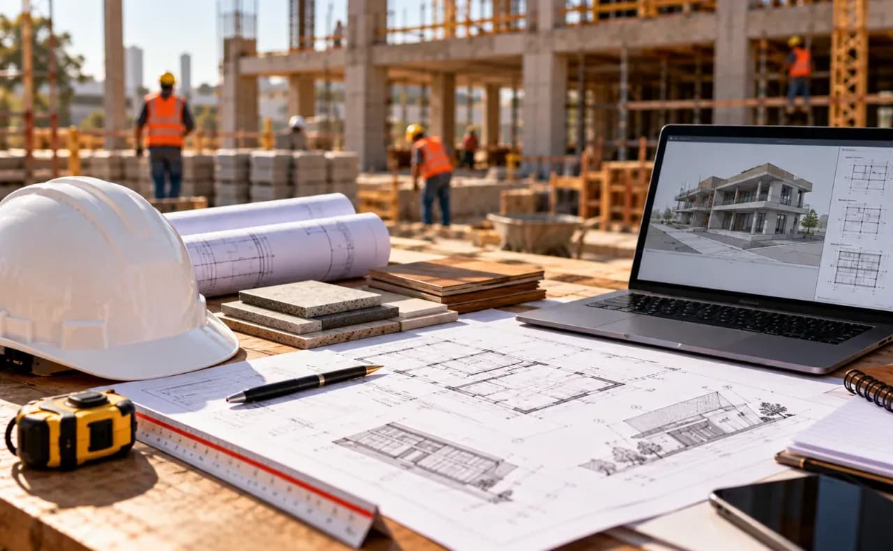 Planta de construção e ferramentas em canteiro de obra.