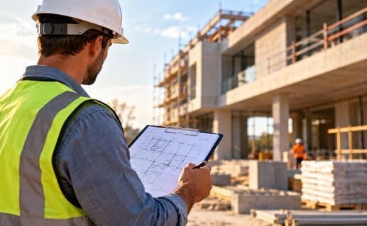 Engenheiro civil revisando planos em obra